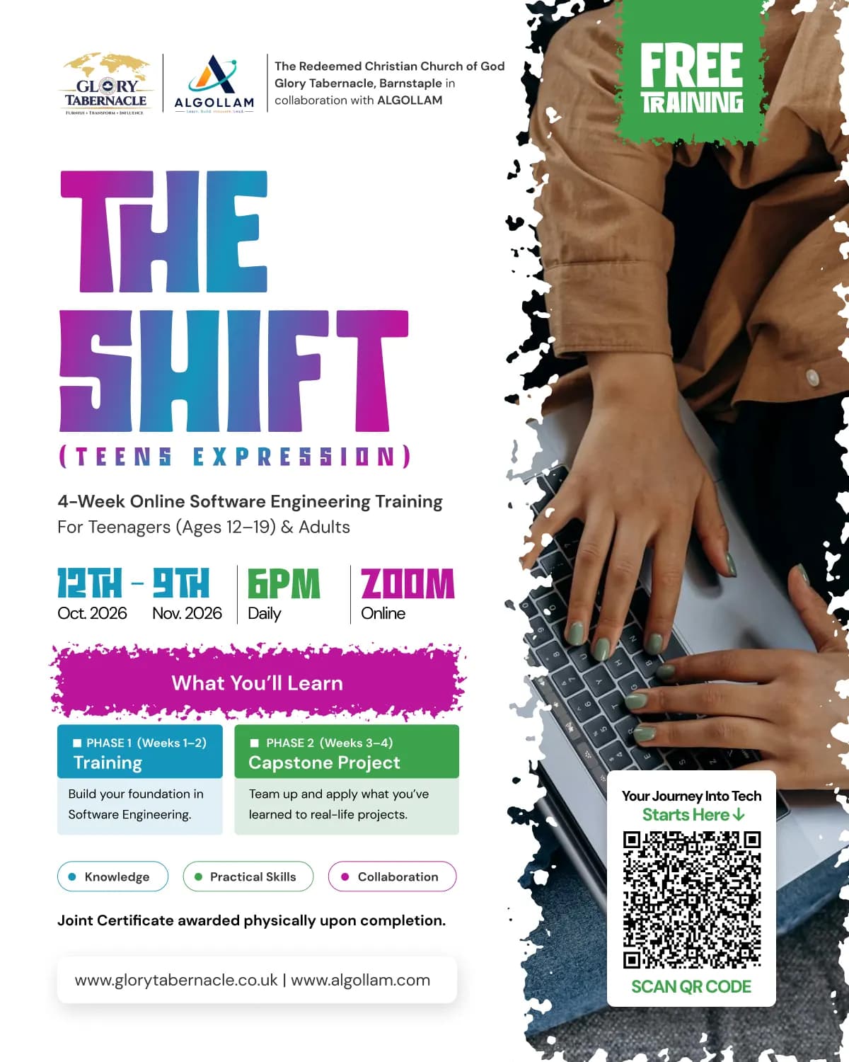 The Shift (Teens Expression) training flyer, featuring students collaborating at a laptop.